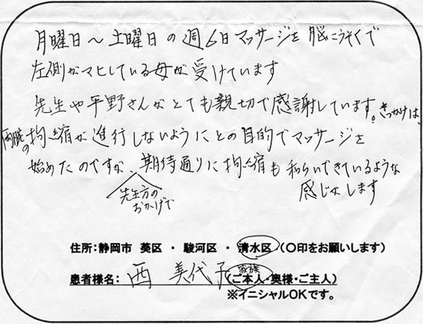 訪問マッサージを受けています。とても親切で感謝しています。両腕の拘縮が進行しないようにとの目的で始め、期待通り和らいできている感じです。