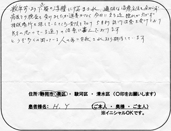 数年前から左下肢の浮腫（むくみ）に悩まされ、適切な治療方法も分からず、病院での受診も進展もなかったのですが、訪問治療を受け、当方の思っている通りの治療に喜んでおります