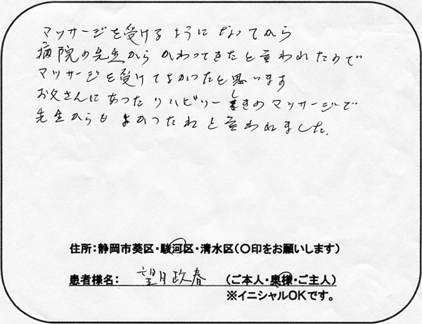 訪問マッサージを受けるようになってから、病院の先生から変わってきたと言われたので受けて良かったと思います。お父さんに合ったリハビリ式のマッサージで、良かったねと先生からも言われました。