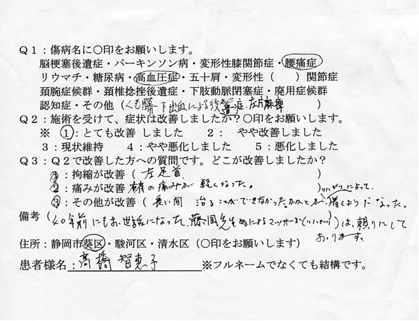 とても改善しました。改善については、左足首の拘縮が改善、右肩の痛みが軽くなりました。